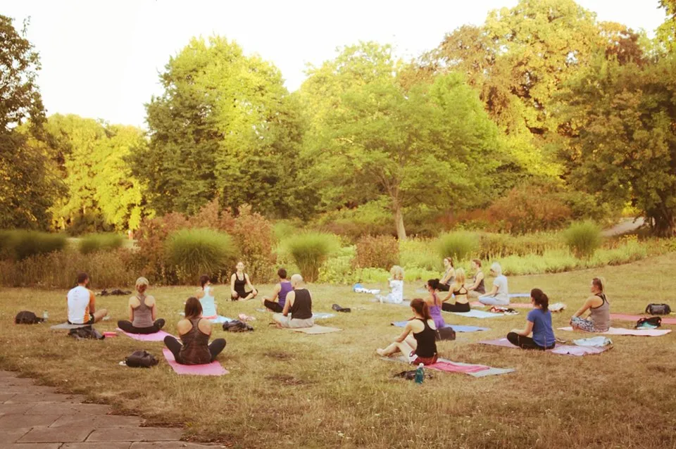 Yogagruppe auf Matten auf einer Wiese im Luisenpark, umgeben von Bäumen